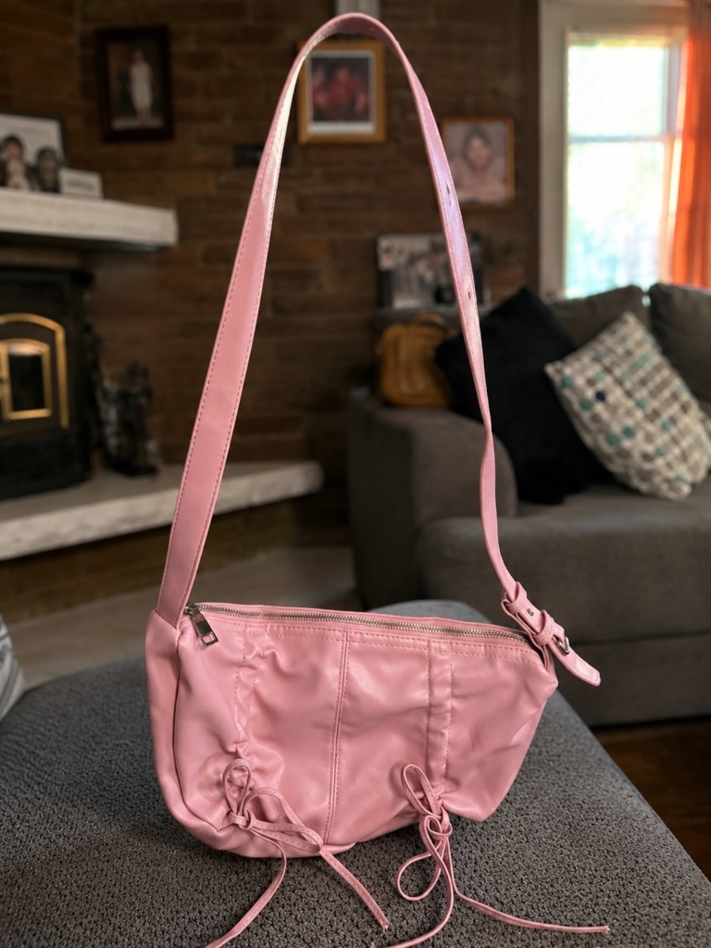 Soft Pink Women's Shoulder Bag with Front Tie Details